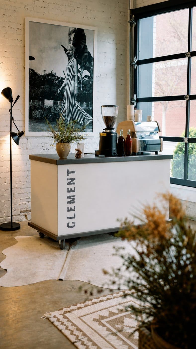 Clement Coffee cart with barista set up inside a bright event venue